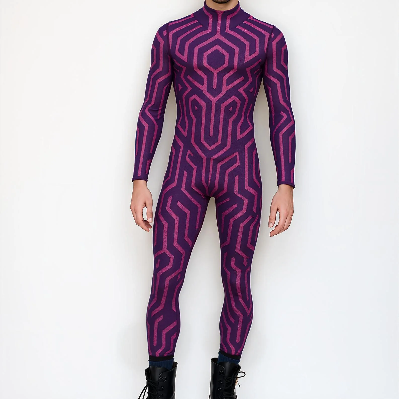 

Creative Men Art Irregular Lines 3D Bodysuit CyberPunk Jumpsuit Halloween Party Cosplay Costume Performance Romper Zentai Suit