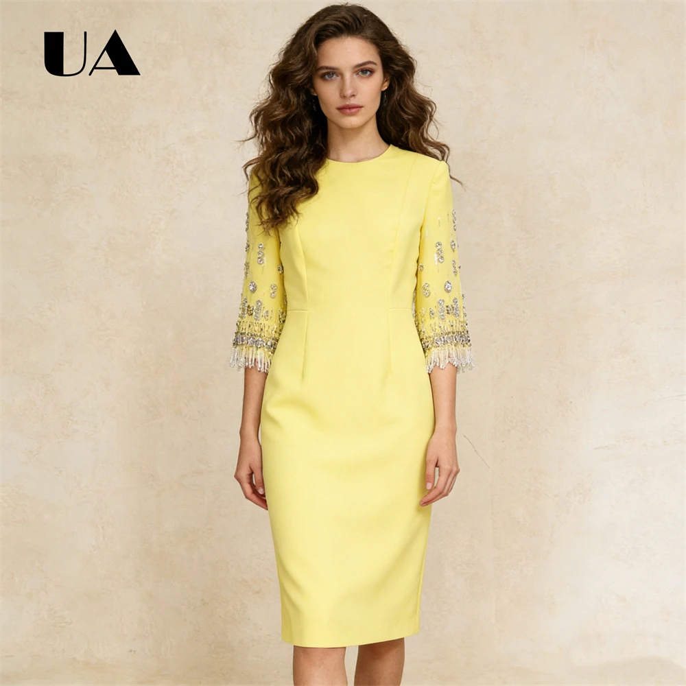 

Draped Crystals Midi Dress for Women, Classic O Neck with Half Sleeves, Elegant Prom Party Dress Mother of the Bride Dresses