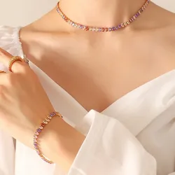 Multicolor Zirconia Necklace Bracelet For Women Stainless Steel Waterproof Women's Necklaces Bracelets Luxury Woman Jewelry Sets