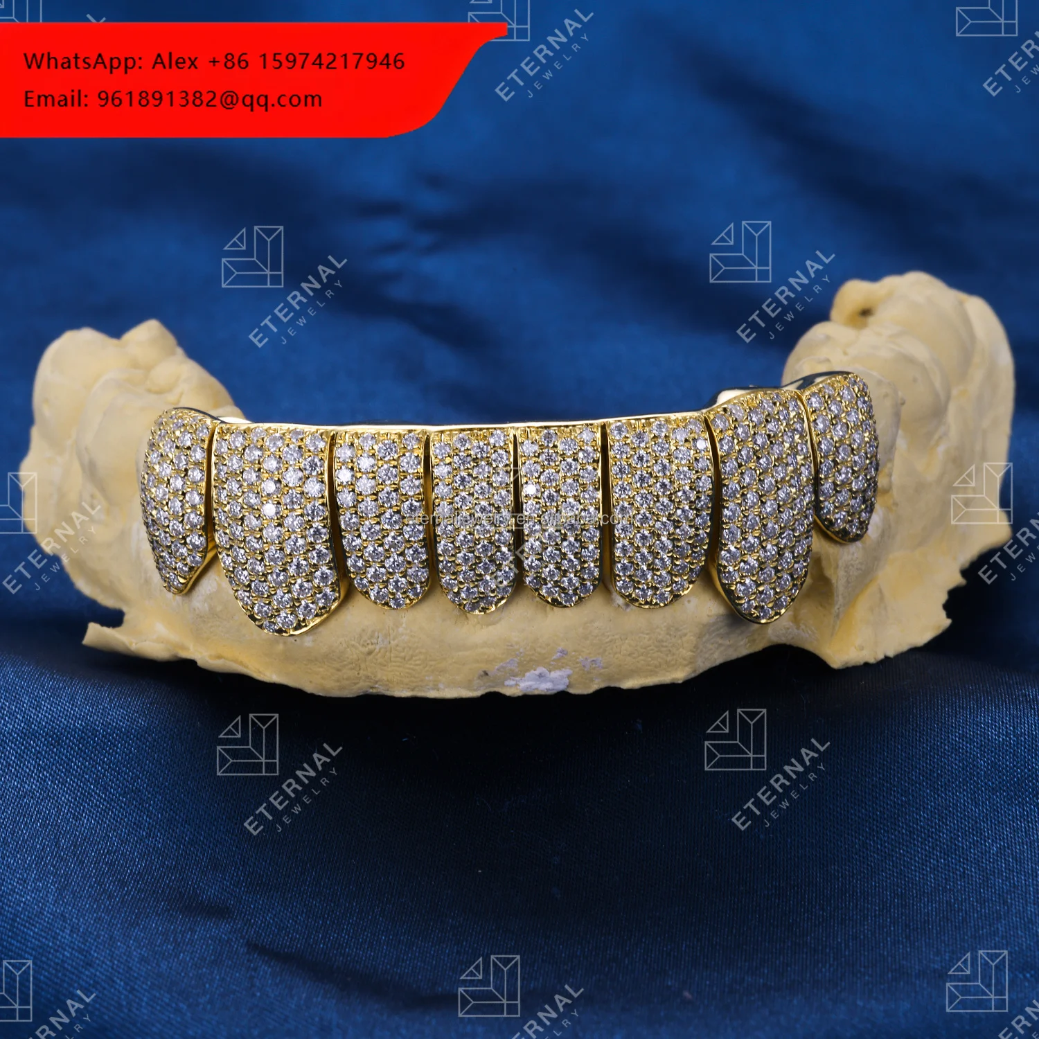 

Custom Top & Bottom 8 S925 Silver Solid Yellow Gold Plated VVS Moissanite Lab Diamond Bling Perm Cut Teeth Grillz For Men Women