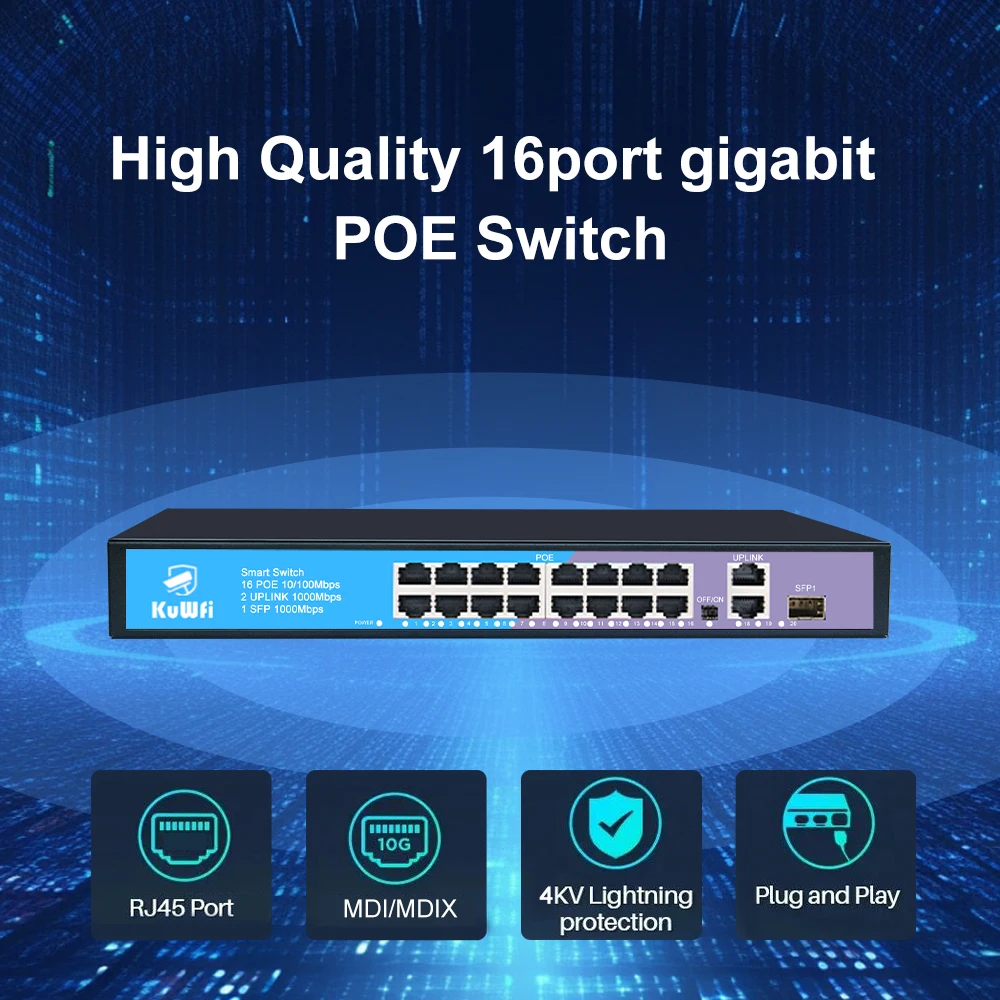 KuWfi 16 Port PoE Switch 100M PoE Ports Ethernet Smart Switch Gigabit Uplink SFP Plug and Play for Office Home Security Camera