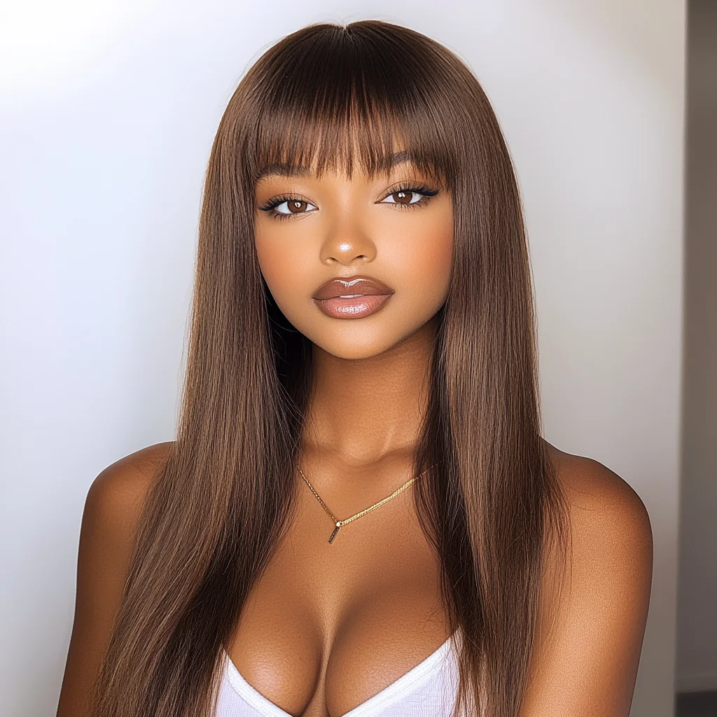 

Remy Forte Straight Brown Human Hair Wigs With Bang Full Machine Made Glueless Wig 4# Brown Straight Human Hair Wigs With Bang