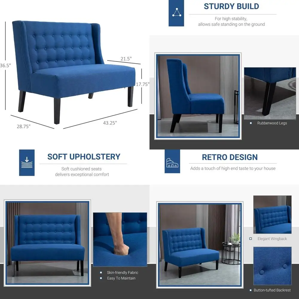 

Двухместный диван из льняной ткани с пуговичной стежкой и деревянными ножками, современный синий диван для гостиной