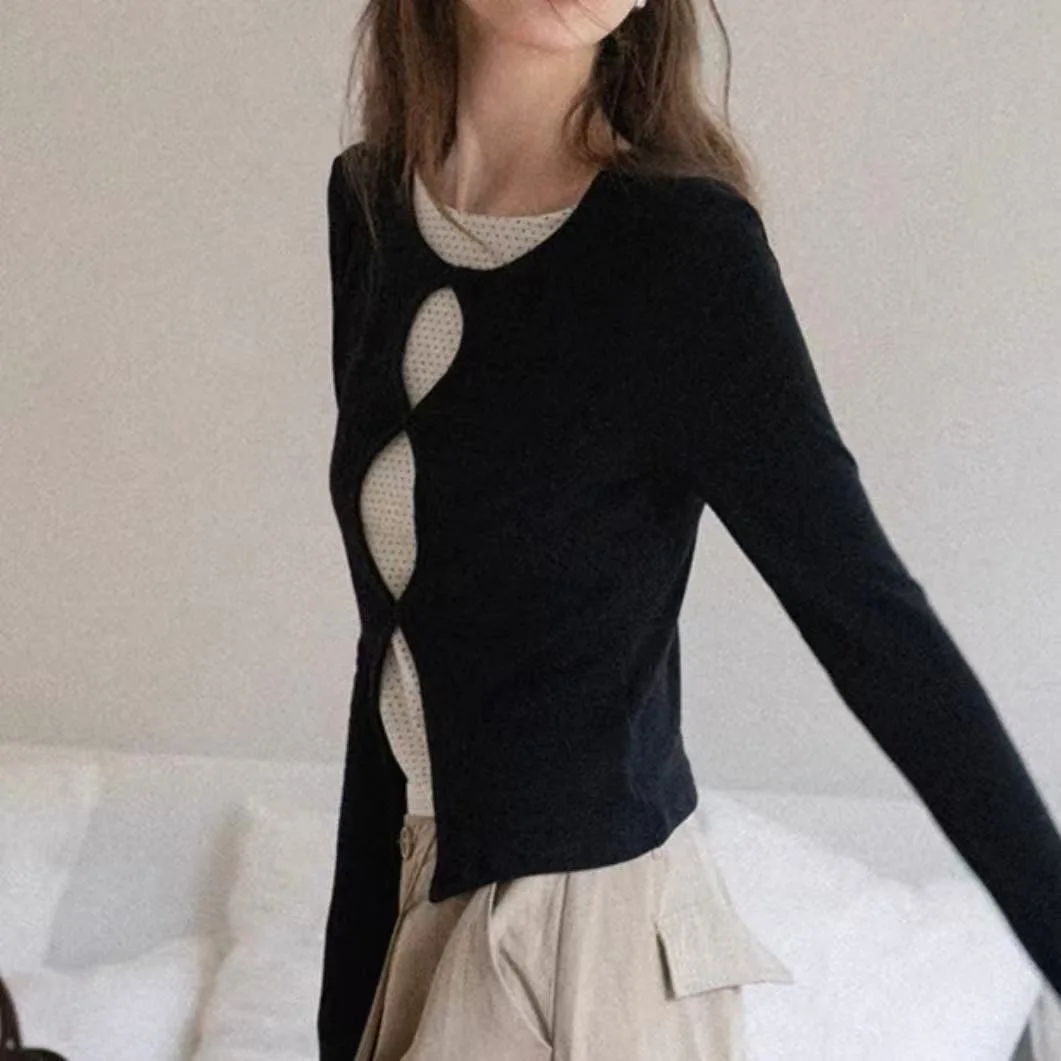 

Kimotimo Korean Chic Hollow Out Polka Dot Patchwork Knitted Tops Women 2025 Autumn Slim Fit Long Sleeve Pullover Y2k T-shirts