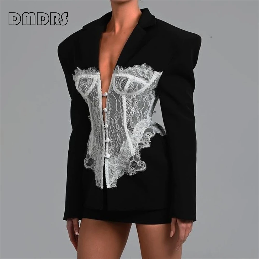 Women's Wide Shoulder Suit Blazer, Lace Corset Appliques, Slim Fitted Suits, Fashionable Jacket, Prom Party Wear