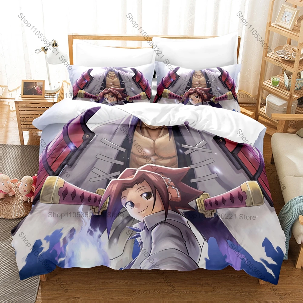 Trendy Shaman King Printed Bedding Set, Duvet Cover plus 2 Pillowcases, Mystic Anime Style Soft Microfiber Home Textiles