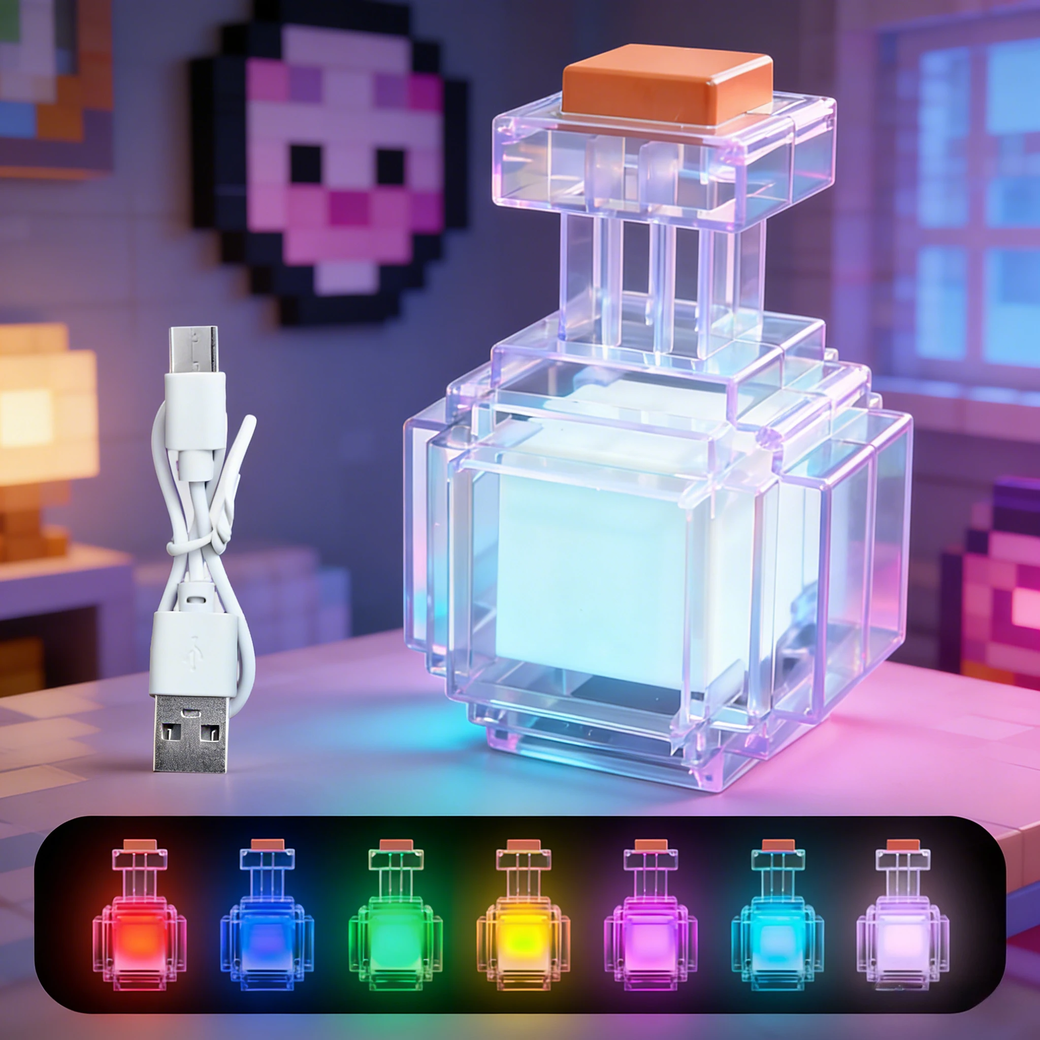 Lámpara Nocturna Recargable con Forma de Botella de Poción, LED de 7 Colores Cambiantes, Diseño Pixelado, Luz Ambiental Decorativa para el Hogar