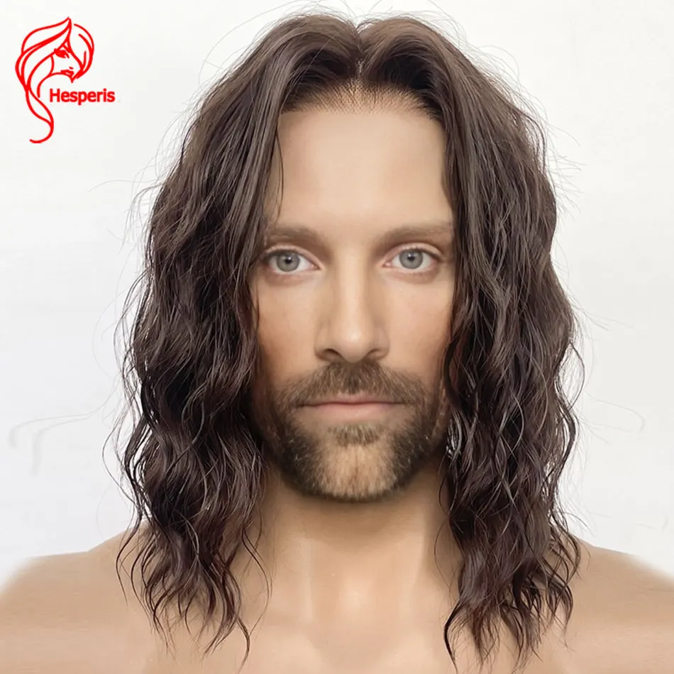 Hesperis Human Man Hair Water Wave Wigs Long Brown Wave Lace Front Wigs For Male Glueless Middle Part Man Brown Lace Wigs