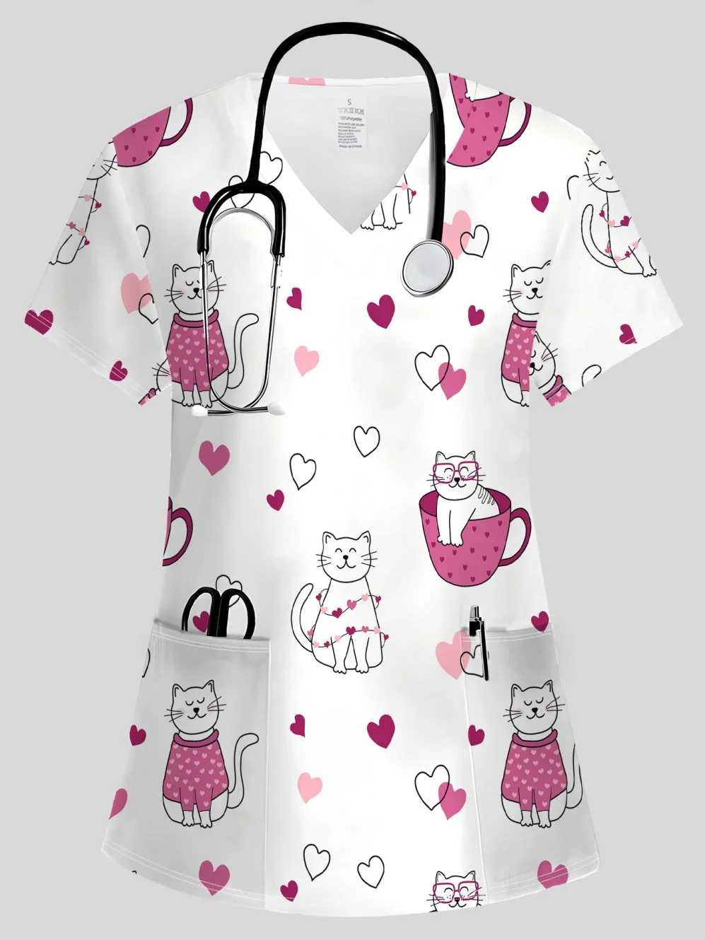 Summer Womens Fashion V-Neck Short Sleeve Uniform Pockets Tops Cute Cat Pattern Print Comfortable Vet Clinical Uniforms Woman - view 6