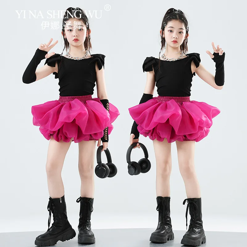 Meninas traje de dança jazz preto topos rosa saia curta conjunto crianças hip hop dança de rua t-stage modelo mostrar roupas de moda