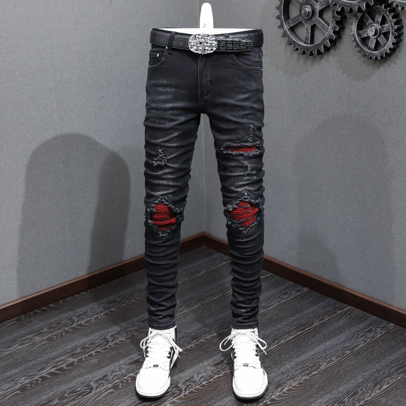 

Fashion new men's jeans stretch slim fit perforated red patch retro black jeans designer high street hip-hop brand pants hombre