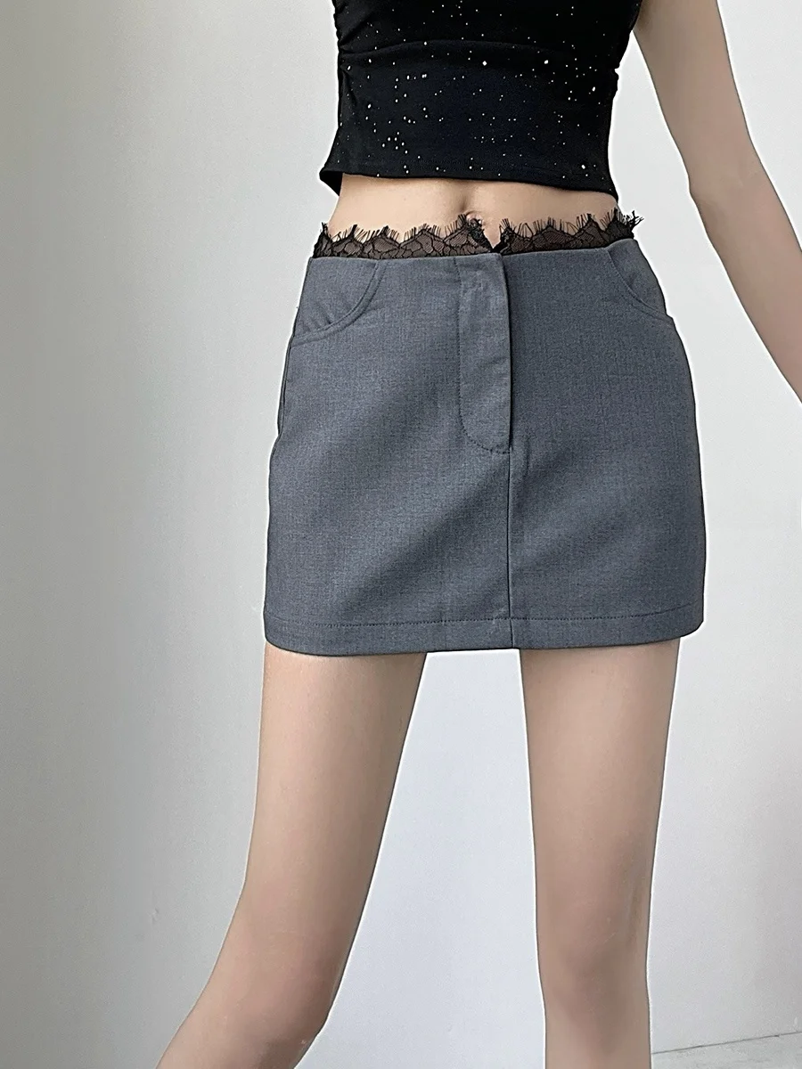 MianCun Lace Short Skirt Fake Two-Piece Suit Sexy Slimming High Waist Pure Color Women's Fashion Summer 2024 Base Layer Included
