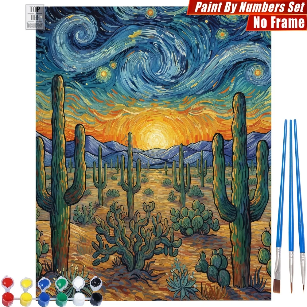 Desert Cacti Sunset DIY Paints By Number Kit - Desert Cacti Night Creative Family Fun Valentine's Day Gift For Girlfriend
