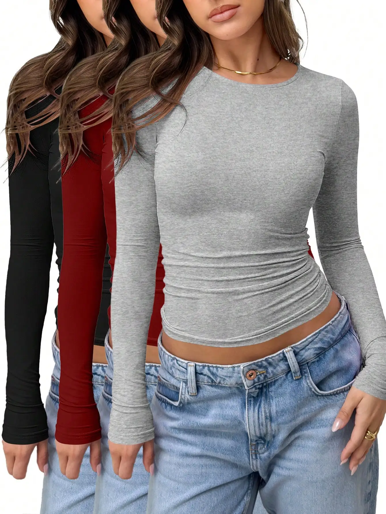 

Комплект из 3 женских укороченных топов с длинными рукавами - высокая эластичность, однотонные, с драпировкой на талии