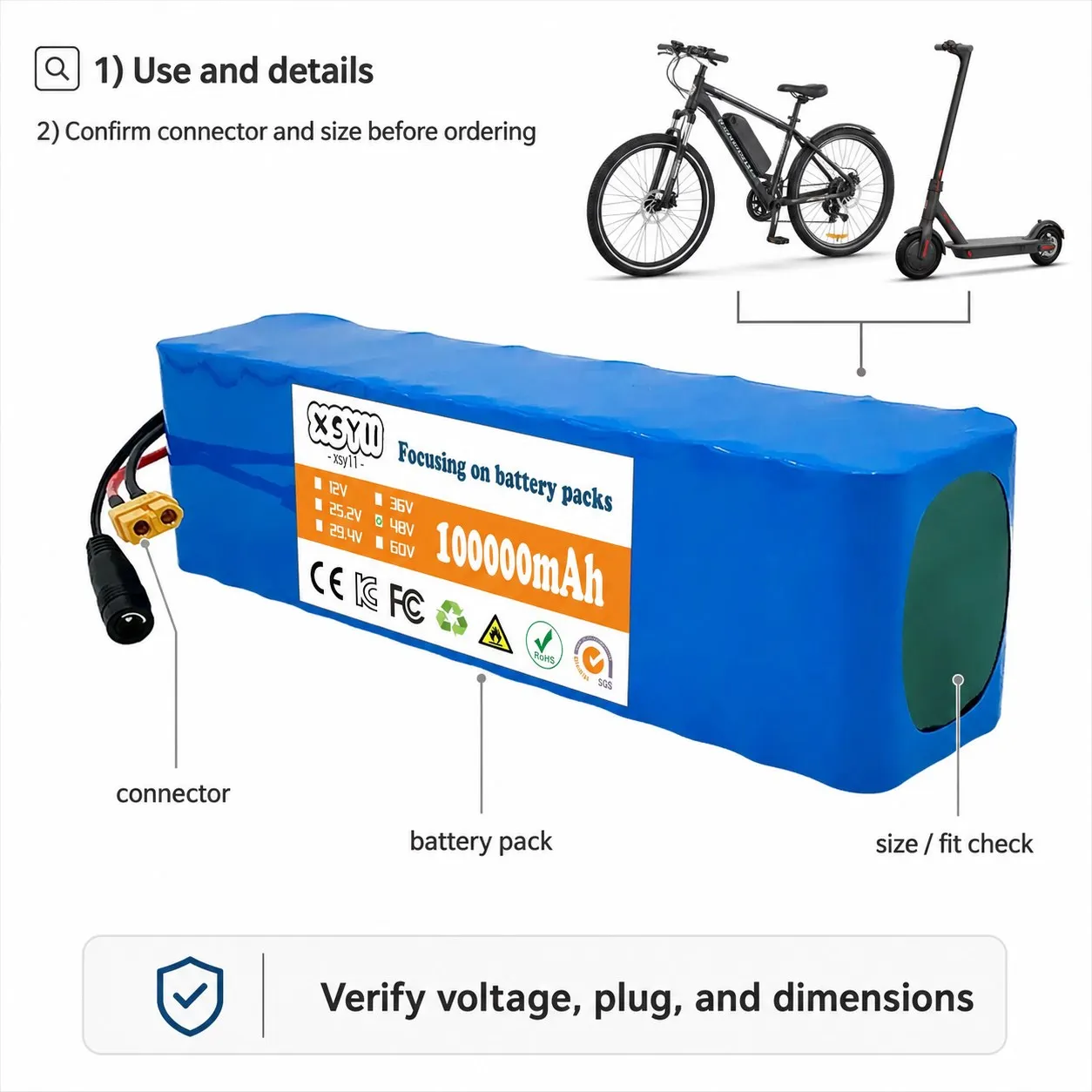 48V 13S3P 100Ah Li-Ion Battery Pack Replacement for E Scooter E Bike DIY Repair Multi Connector Fit Check Before Ordering