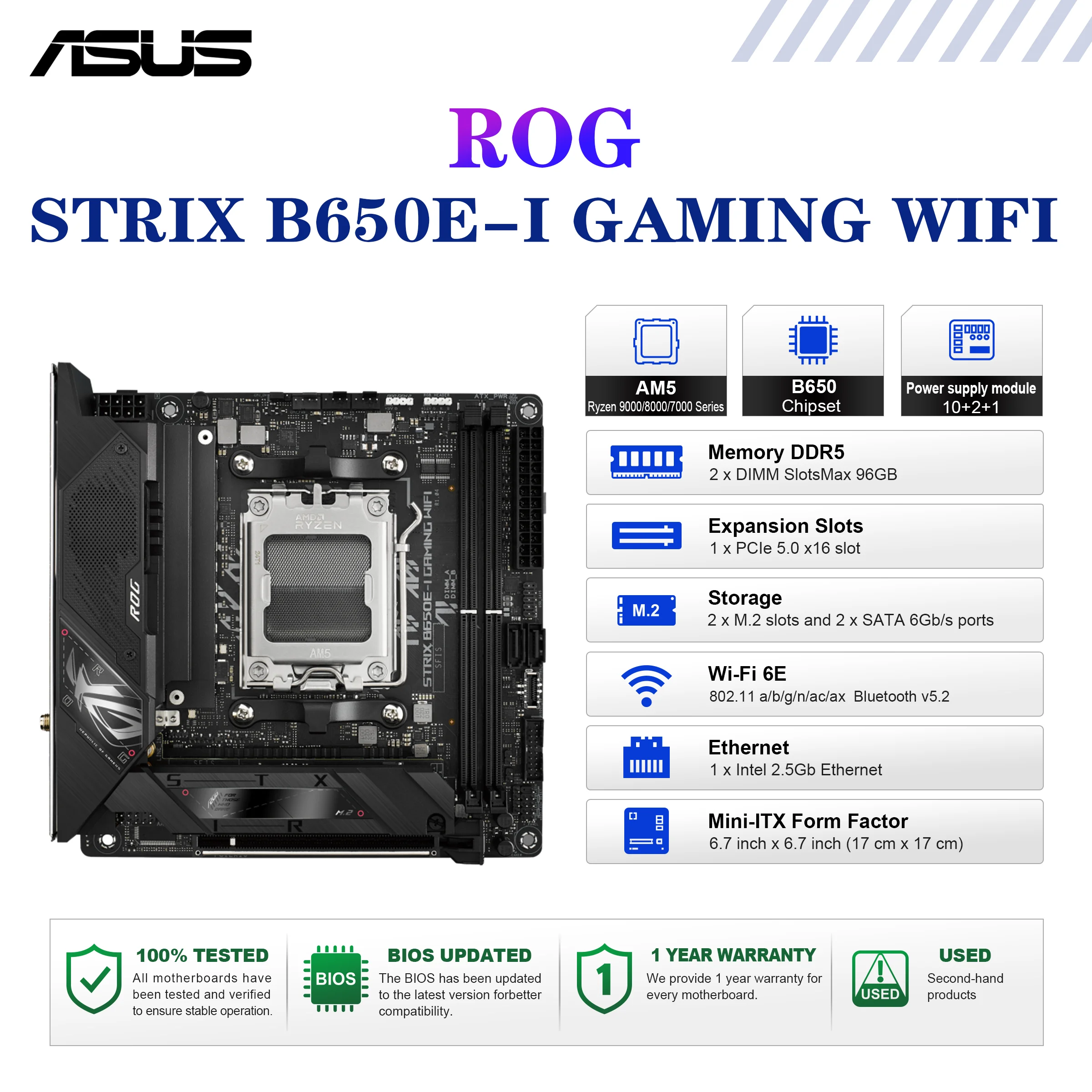 Tarjeta Madre ROG STRIX B650E-I GAMING WIFI, Socket AM5, Serie Ryzen 9000/8000/7000, Memoria DDR5 8000+, Placa Base Mini-ITX B650