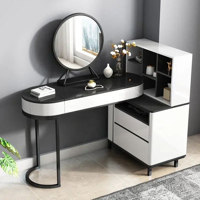 Concise Style Modern Bedroom Round Mirror Black And White Dresser Furniture Makeup Vanity