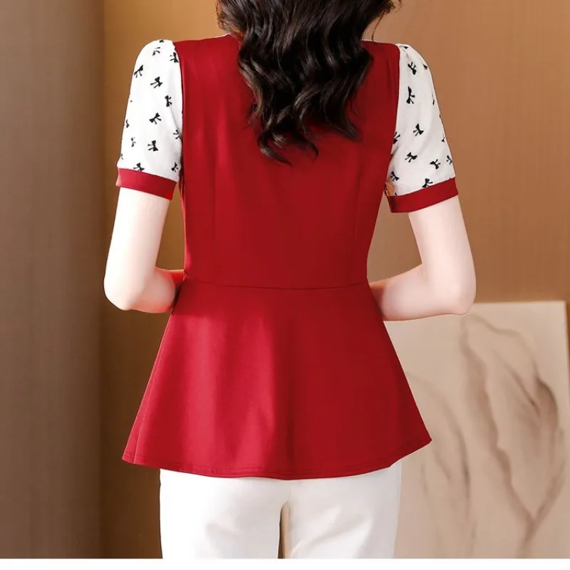 Summer Women\'s Turn-down Collar Hollow Out Pullover Lace Patchwork Button Bow Printed Short Sleeve T-shirt Casual Elegant Tops