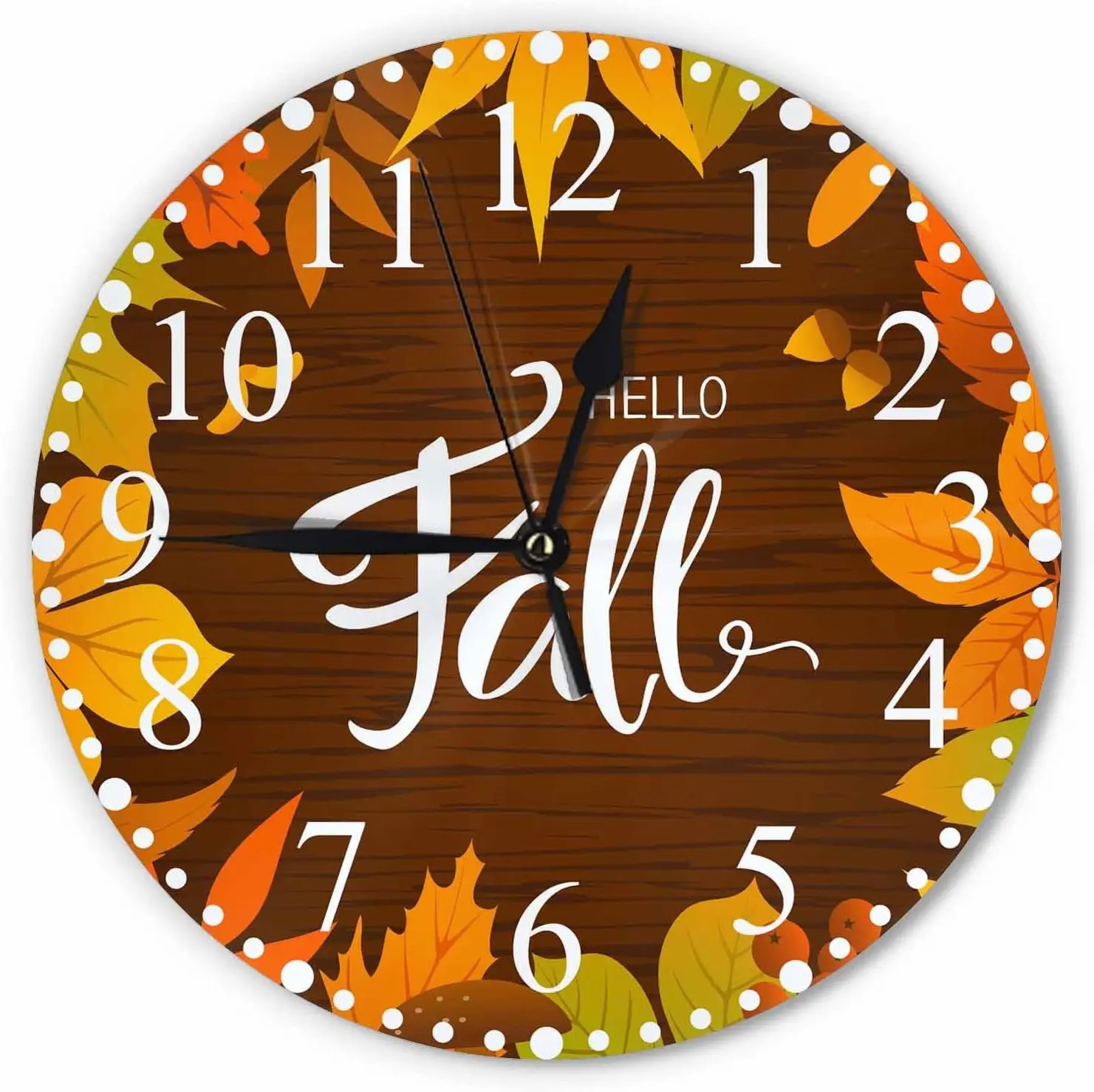 Hello Fall Wall Clock Autumn Leaves Birch Maple Rowanberry Bright Clock 10 Inch Silent Non-Ticking Clocks Battery Operated