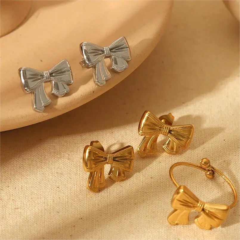 Dainty Elegant 18K Gold Plated Irregular Geometirc Bowknot Earrings Non Tarnish Stainless Steel Bow Adjustable Rings Jewelry Set