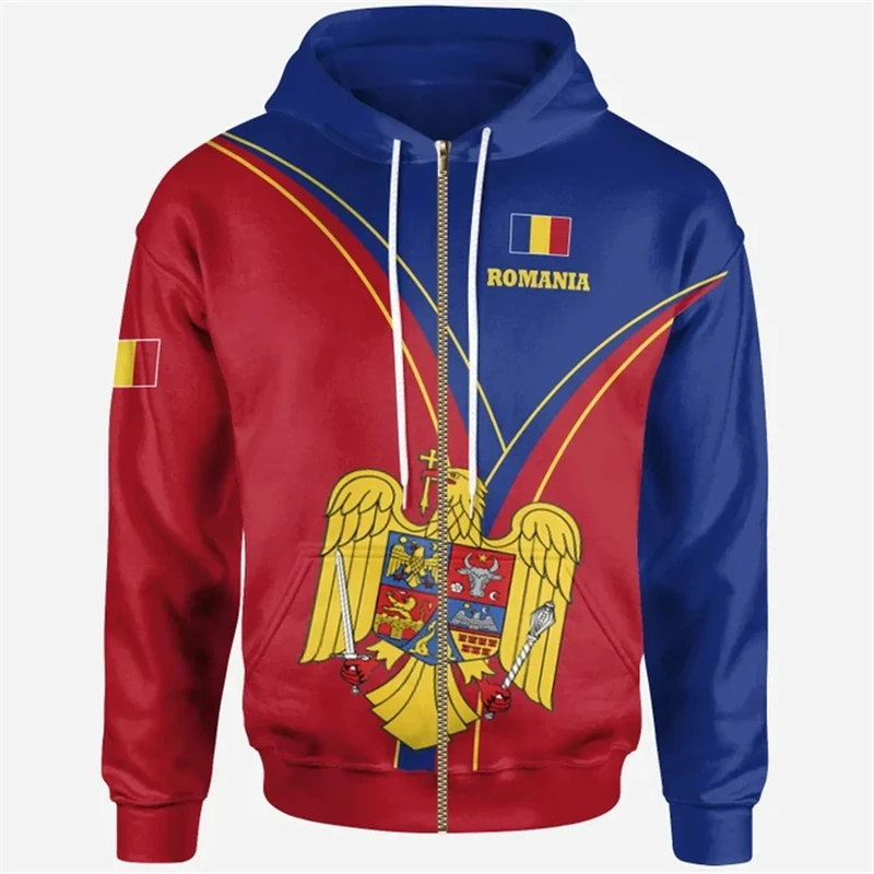 New Hot Fashion Romania Flag Graphic Zip Hoodies Romanian Emblem 3D Print Hooded Sweatshirts Long-sleeved Oversized Pullovers