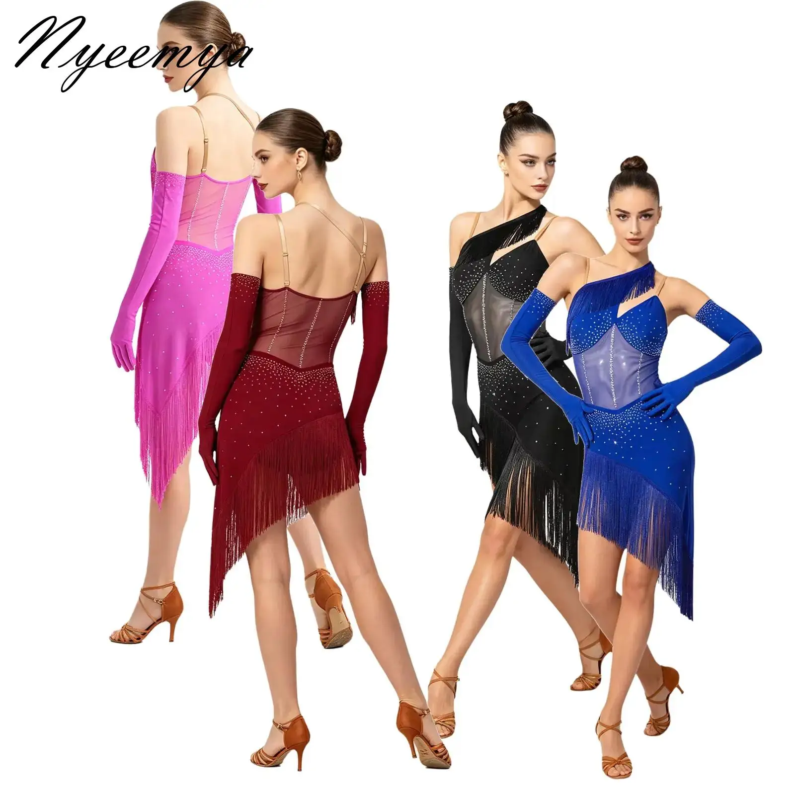 Womens Asymmetrical Latin Dance Performance Dress Fringes Rhinestones Gymnastics Figure Skating Costume Bodysuit with Gloves