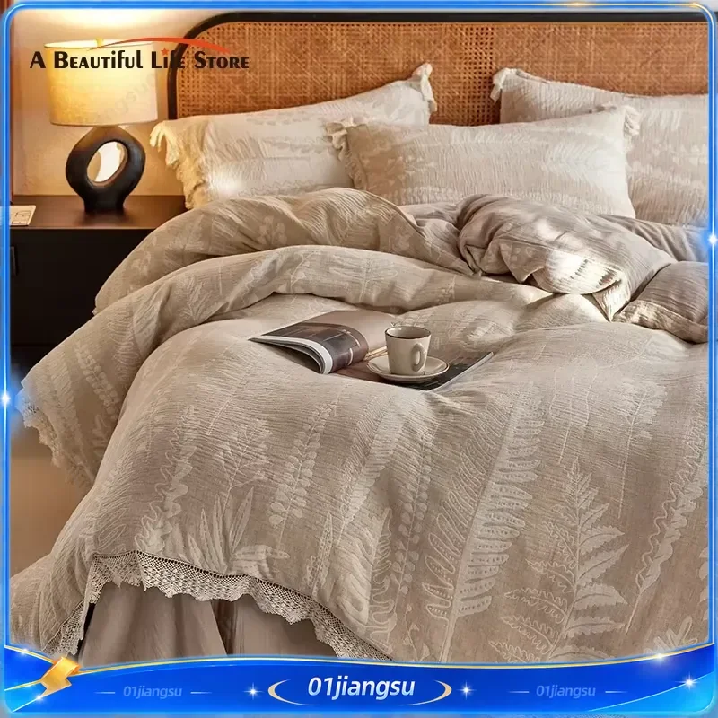 40% Linen 60% Cotton Bedding Set French Vintage Jacquard Lace Duvet Cover Sheet Pillowcase Natural Wrinkled Yarn Home Textile