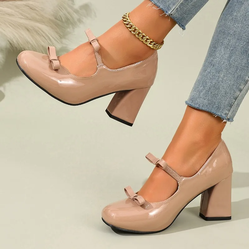 

2026 Fashion Double Bow Slip-On High Heels Summer New Round Toe Patent Leather Single Shoes