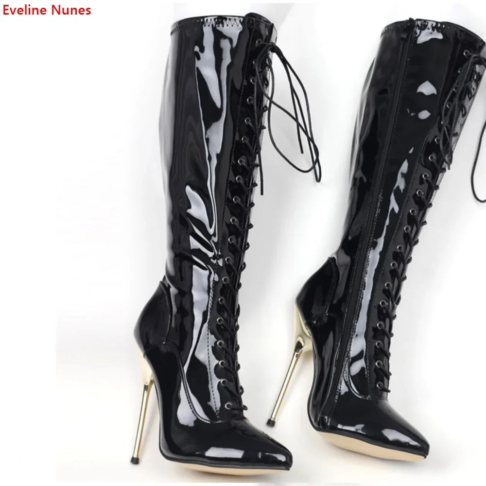 Metal Heel Lace-Up Mid Boots Women's Solid Black Patent Leather 15CM Stiletto Pointed Toe Fashion Elegant Plus Size Shoes