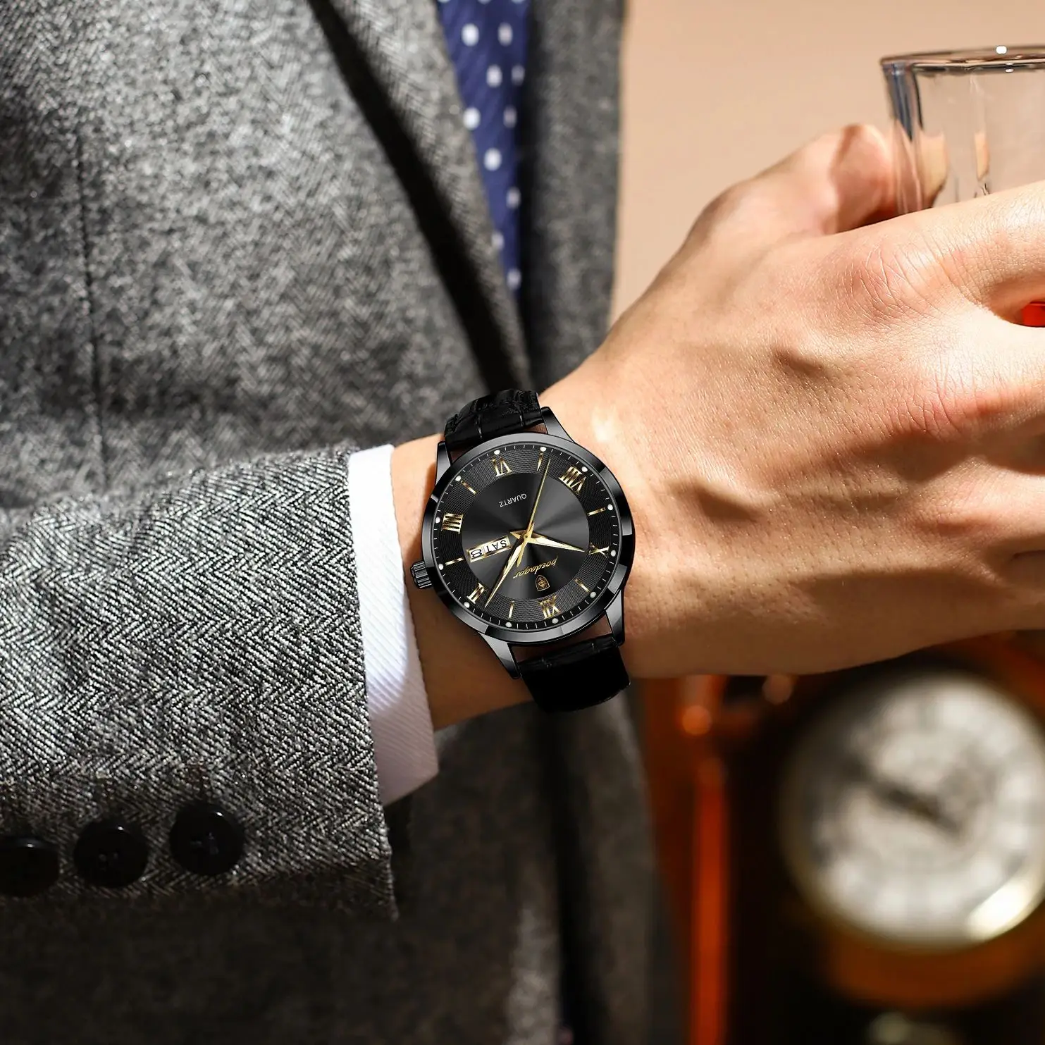 POEDAGAR Original Luxury Wristwatch For Men Waterproof Luminous Date Week Leather Man Watch Simple Business Quartz Men's Watches