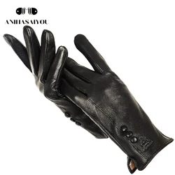 Guantes de cuero cálidos para mujer, manoplas de piel auténtica, color negro, a la moda, 2280