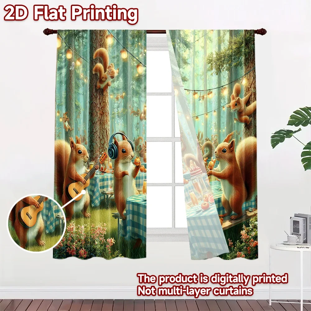 2D flat printing 2pcs Curtains Cute Squirrels Forest Party Celebration Digital Printed Polyester Drapes All Season Party &