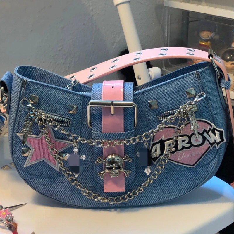 Fashion Gothic Vintage Denim Star Women Handbags Personality Punk Skull Chain Crossbody Bag Y2k Aesthetic Harajuku Shoulder Bags