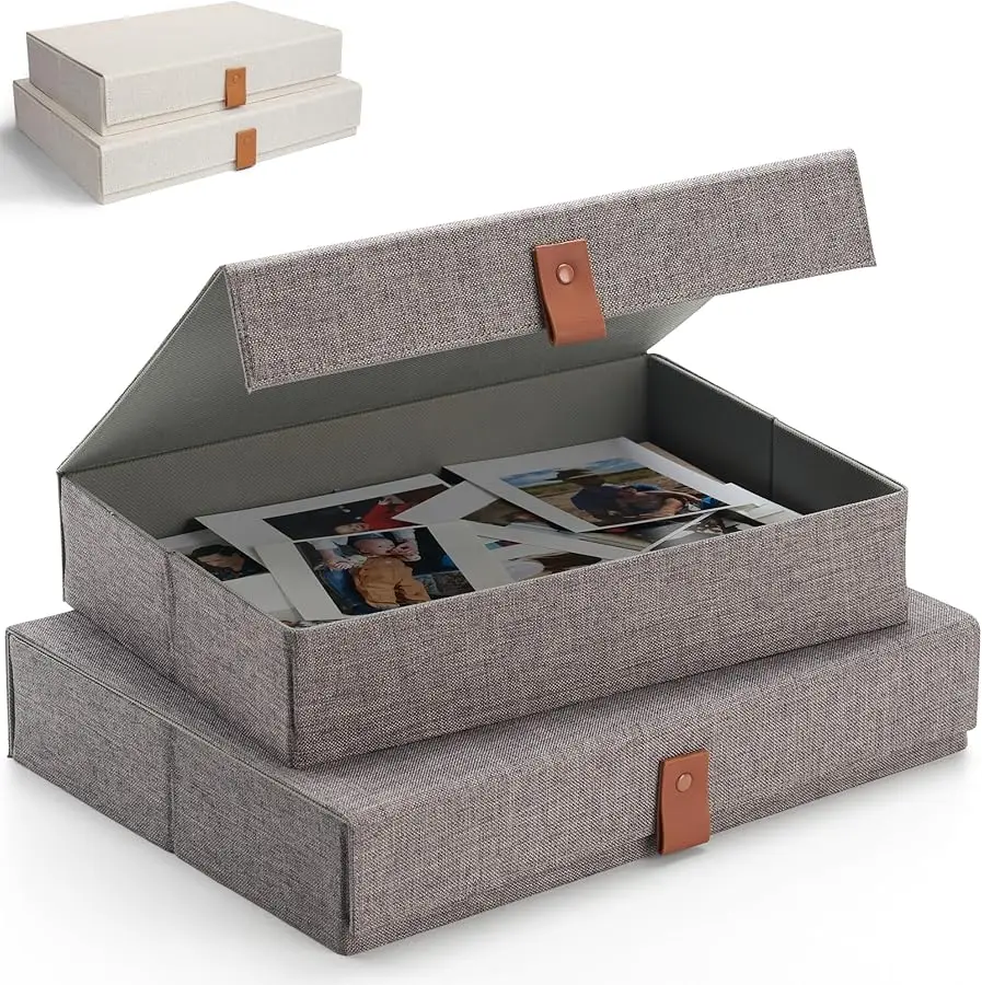 

Decorative Photo Storage Boxes with Lids - Set of 2 Beautiful Linen Organizers Are Perfect to Safely Store Your Pictures, Docume