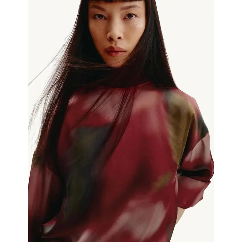 Autumn Winter Loose Fit round Ne Long Sve Printed Silk Satin Feel Women's irt Comfortable Casual Commute Sle 27505