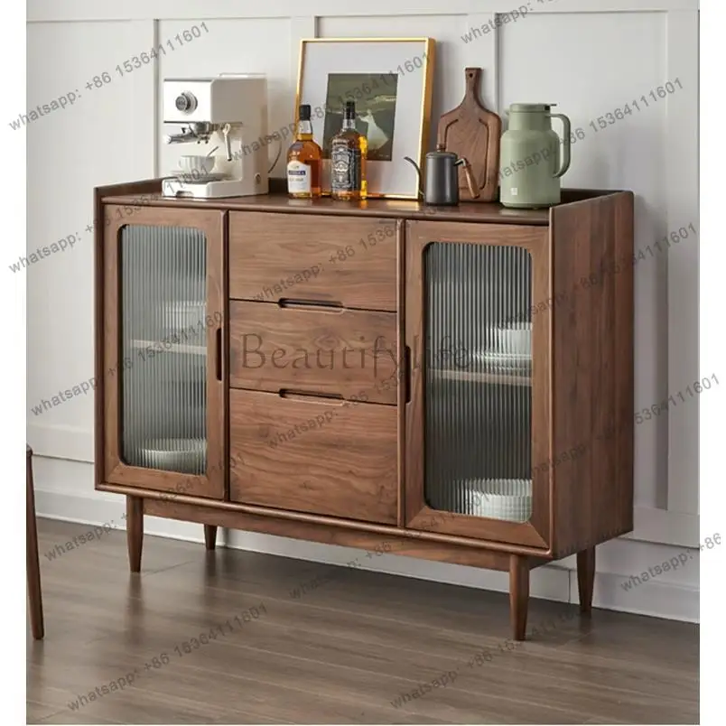 

Nordic solid wood dining side cabinet simple black walnut color entrance cabinet