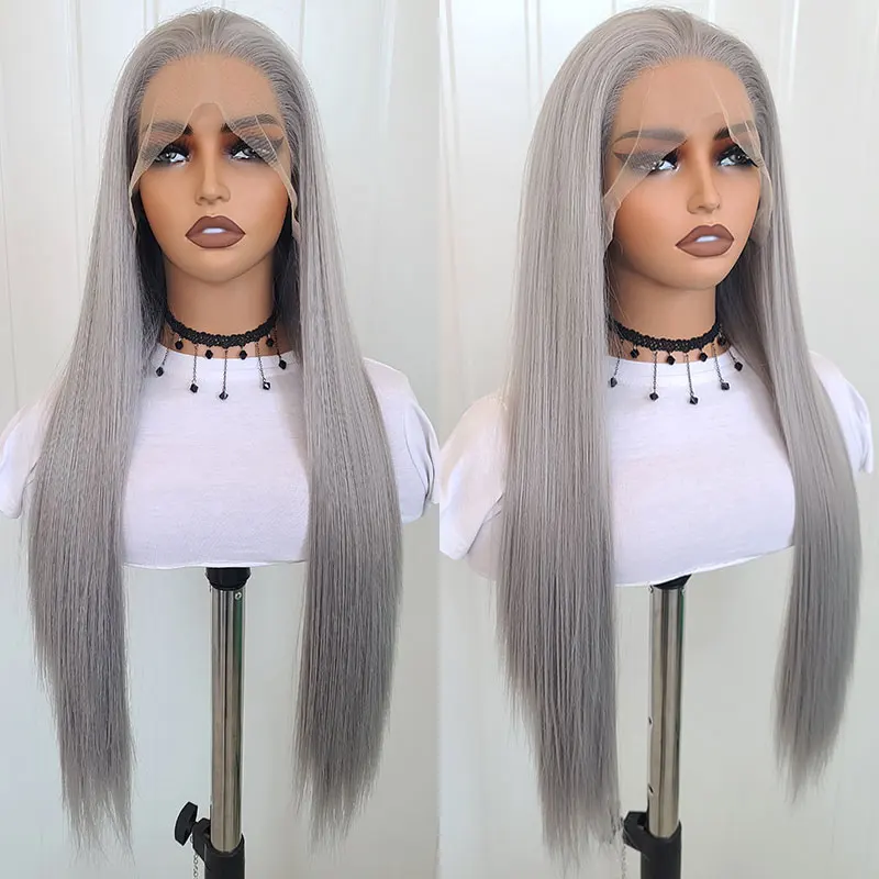 Silver Grey Silky Straight Synthetic Lace Front Wigs High Quality Heat Resistant Fiber Natural Hairline For Black Women Cosplay