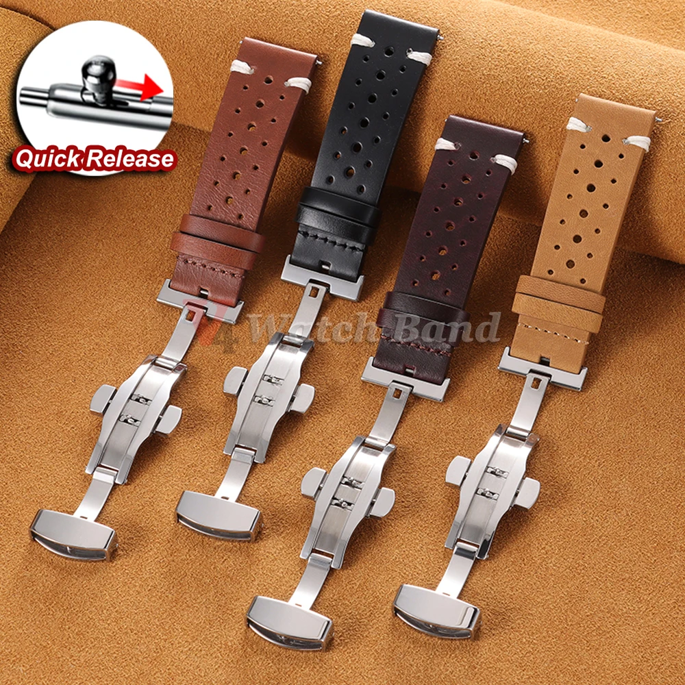 Premium Genuine Leather Strap 20mm 22mm Quick Release Oil Wax Strap Black Brown Breathable Porous Watchbands Accessories