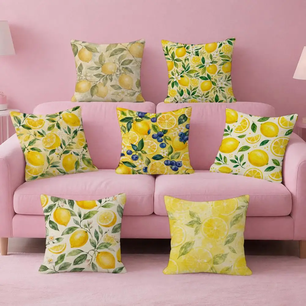 Art Fruit Lemon Cushion Cover Pink Linen Texture Cushion Cover Double Sided Invisible Zipper Deco