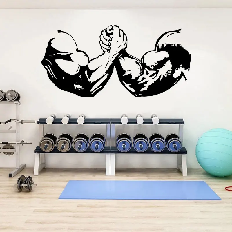 Bodybuilder Gym Fitness Sport Muscles Arm Wrestling Wall Sticker Vinyl GYM Decoration Decal Removable Mural Wallpaper S012