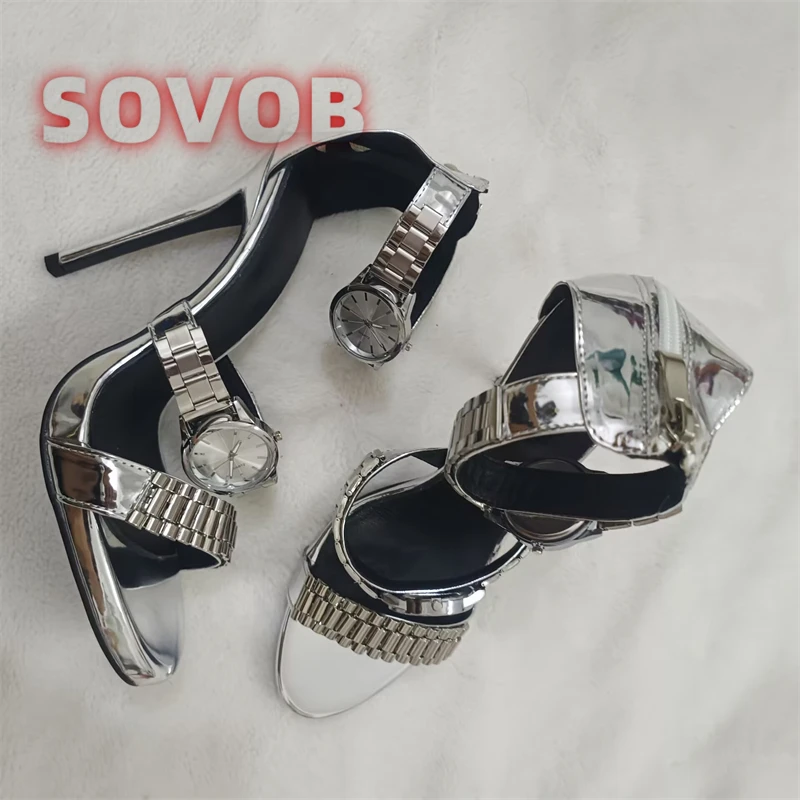 Womens Silver Watch Embellished Strap Sandals Sexy Stilettos Heel Sandals Open Toe Ladies Chain Detail Gladiator Sandals 35-44