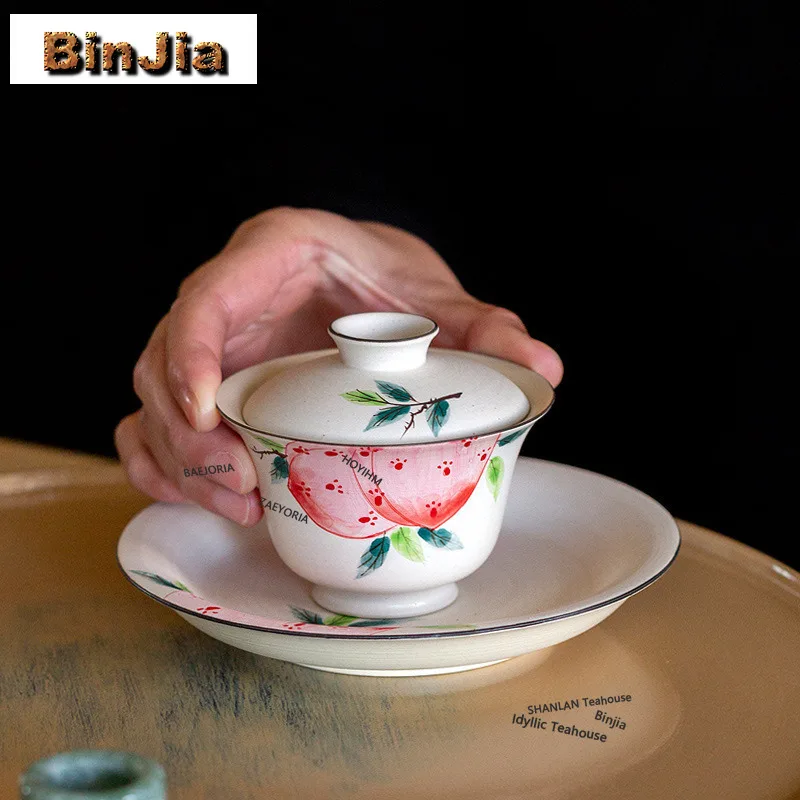 BAEJORIA 120ml Hand-painted Longevity Peach Gaiwan Luxury Tea Tureen Tea Bowl With Lid Kit Tea Maker Cover Bowl Cha Pot Bearing