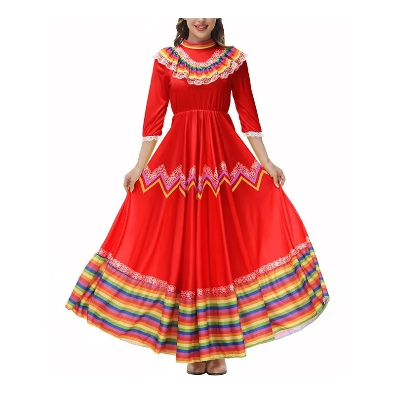 Traditional Fiesta Jalisco Swing Long Dress Women Mexico Ballet Folklorico Dance Festival Outfit Senorita Costume For Adult