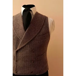 Jaqueta sem mangas de seios duplos masculina, colete de couro casual, lapela xale, tweed espinha de arenque, vestido