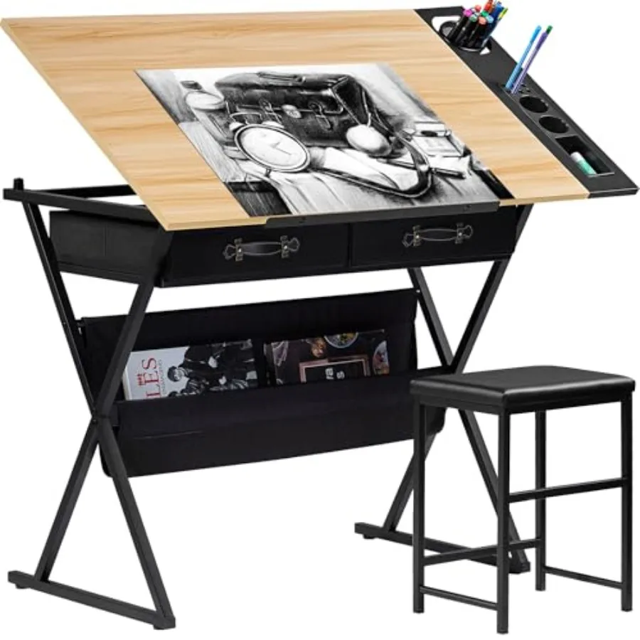 

Art Drafting Table with Adjustable Tilted Top in Natural Wood Finish 2 Storage Drawers and Stool for Artists Painters Crafting