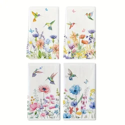 2PCS anemone flower hummingbird kitchen dish towels, seasonal spring and summer wildflower holiday decoration hand towels