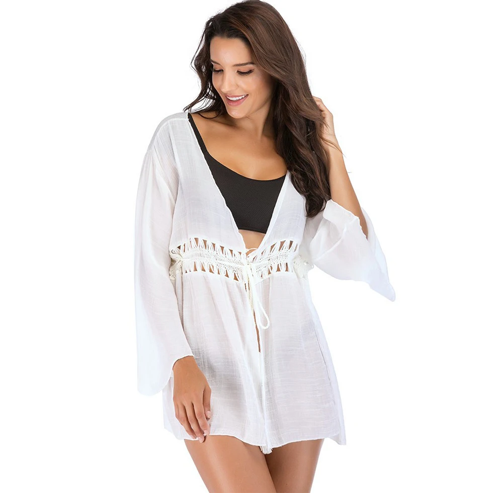 Mini Loose Cardigan Kimono Beach Dress for Women Hand Crochet Hallow Out Bikini Cover Up Flare sleeve