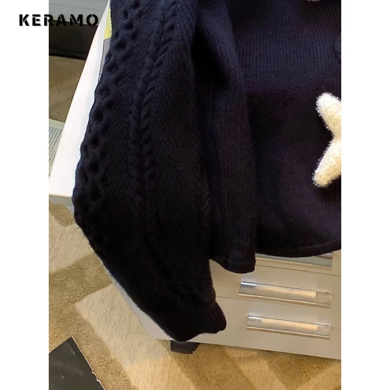 2023 Autumn Winter Casual Y2K Knitting Long Sleeve Black Pullovers Korean Fashion Women Geometric Ladies Loose Fit Sweater