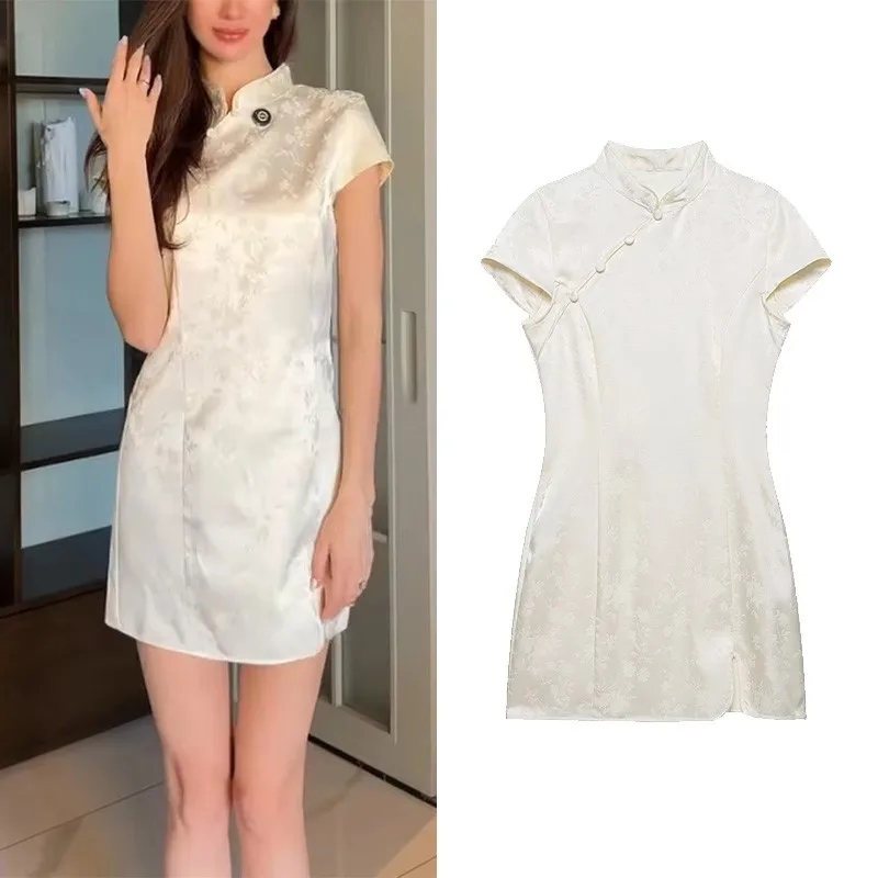 

Women's Short Jacquard Dress New 2026 Spring Casual High-Neck Short Sleeve Women Short Dress with Side Zipper Female Dresses