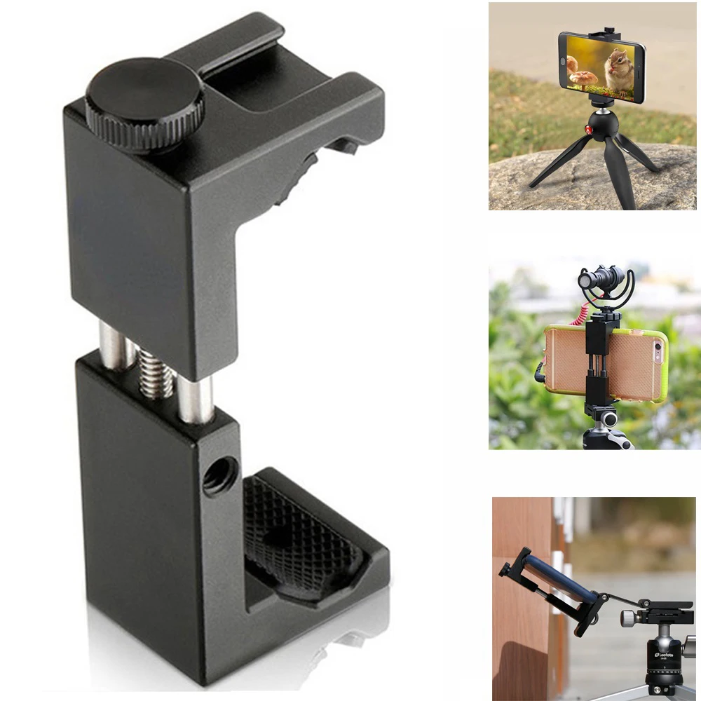 Universal Phone Holder Clamp Smartphone Clip Holder Mount Bracket, Aluminum Alloy Phone Tripod Adapter with Cold Shoe Mount